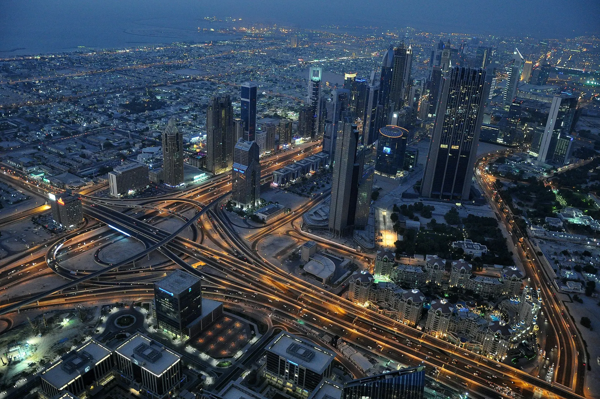 Aerial view of Sheikh Zayed Road at dusk