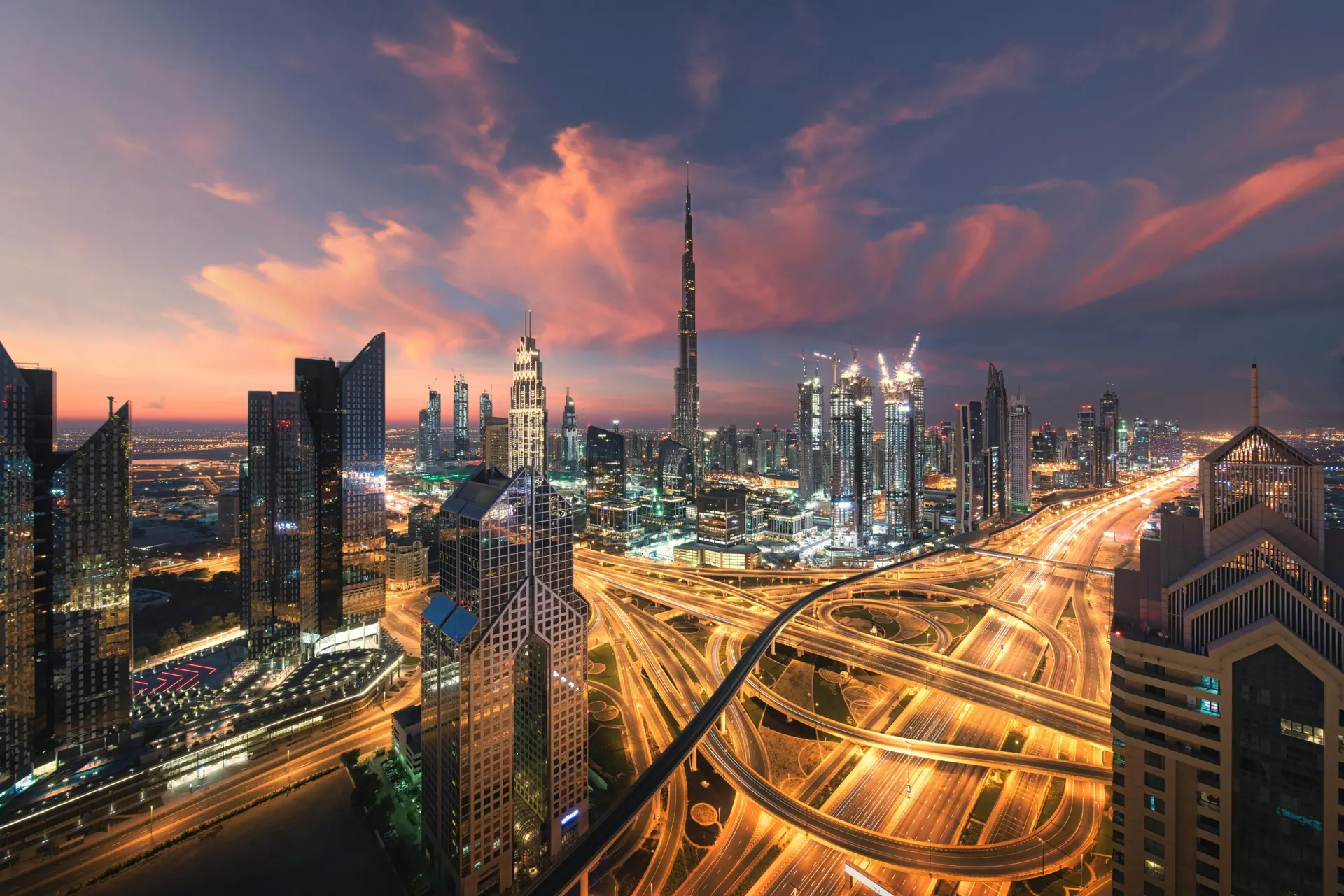 Downtown Dubai and the Burj Khalifa at sunset