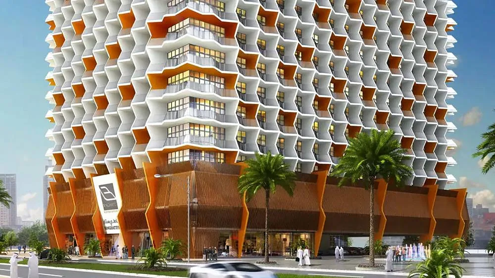 Retail podium with orange fins and timber screens